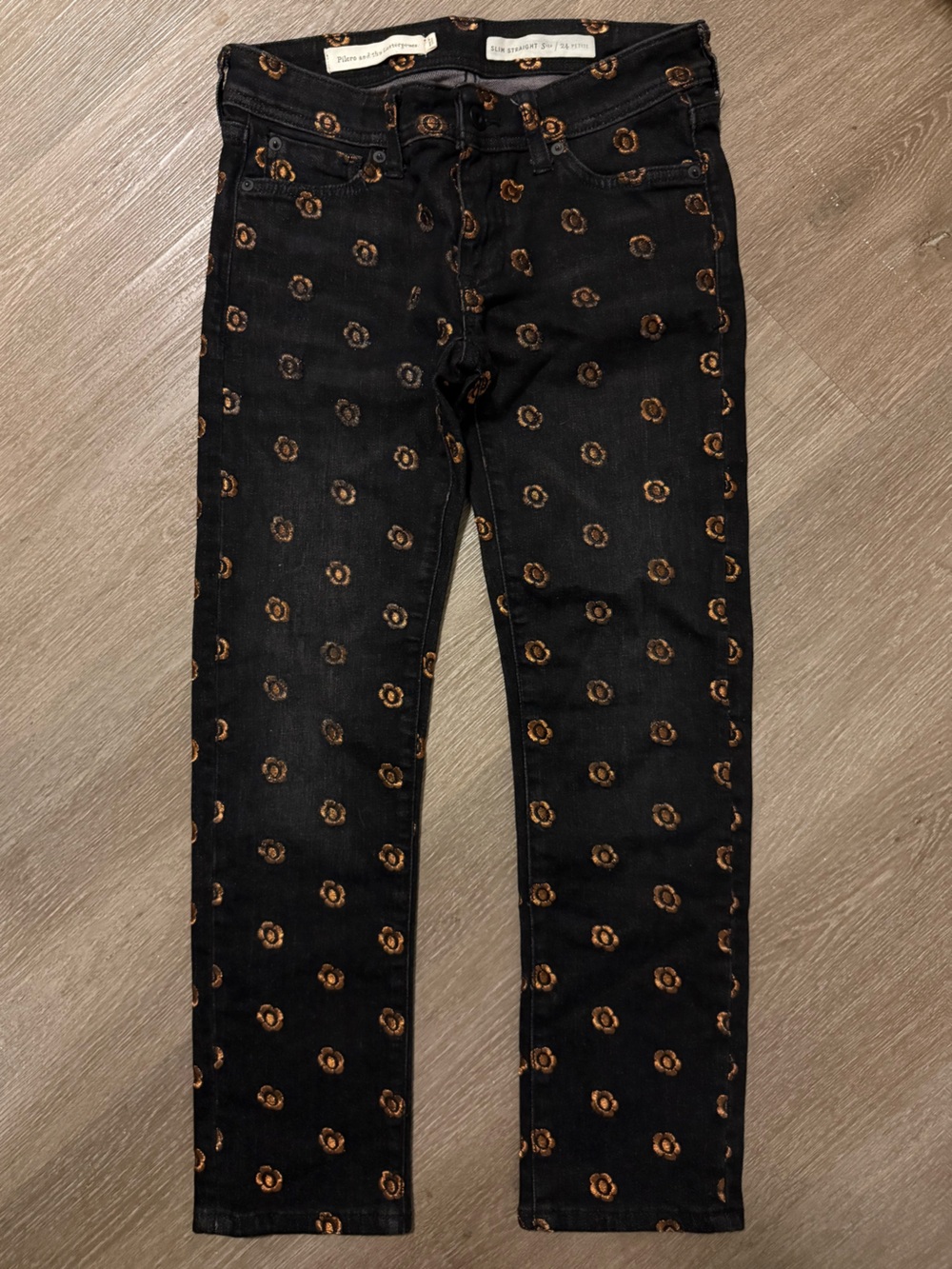 Pilcro Black Denim with Gold Metallic Floral Accents
